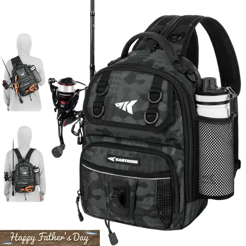 【Summer Wins】 KastKing BaitSpace Fishing Sling Bag, Water-resistant Fishing Backpack with Rod & Beverage Holder, Adjustable Straps, Tackle Storage Bag for Fishing Gear and Equipment SummerVibes