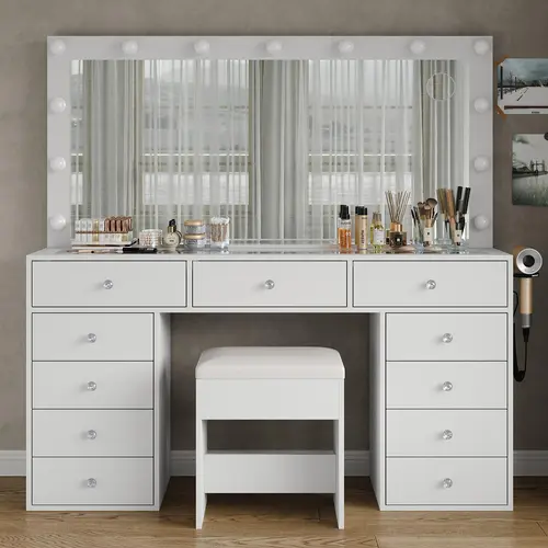 FUSOU 55"W 11 Drawers Makeup Vanity with Charging Station Vanity Desk with 13 LED Bulbs and HD Mirror,  [Shipping By 2 Packages],3 Color Brightness Adjustable, Glass Top Vanity Set for Bedroom, White,SummerVibe