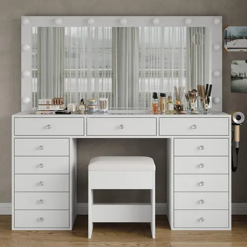 FUSOU 55"W 13 Drawers Vanity Desk, [Shipping By 2 Packages],Makeup Vanity with Power Outlet, Vanity Table with Mirror and 13 LED Bulbs, 3 Color Lighting Modes, Glass Top, Dressing Table for Bedroom,SummerVibe