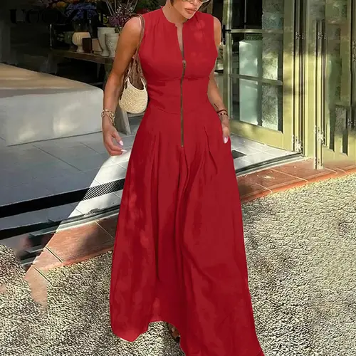 UOOZEE Women's Minimalist Casual Elegant Stylish Sleeveless Loose Fit Long Maxi Dress - Round Neck, Pleated, Pocket, Slit, Zipper, High-Quality Comfortable Fabric, Multiple Colors; Fit Note: Order 1 Size Up for Fuller Busts, Normal Size for Smaller Busts,