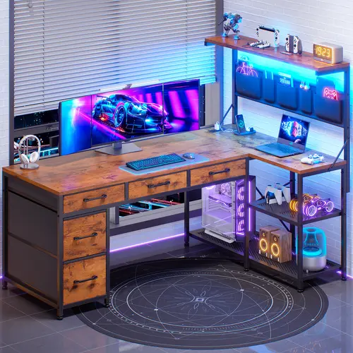 Sedeta 47-in Modern L-Shaped Corner Gamer Desk - Computer Table, 120x45cm, Drawer Storage, LED Lighting, Sturdy Durable Base, Dual Monitor Setup, Assembly Required, Office & Bedroom Furniture