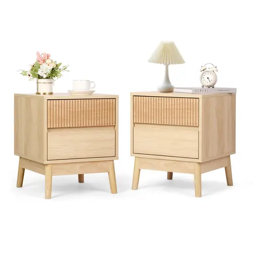 VOWNER 2PCS Nightstand, End Table with 2 Storage Drawers and Solid Wood Legs, Side Table with Storage for Bedroom