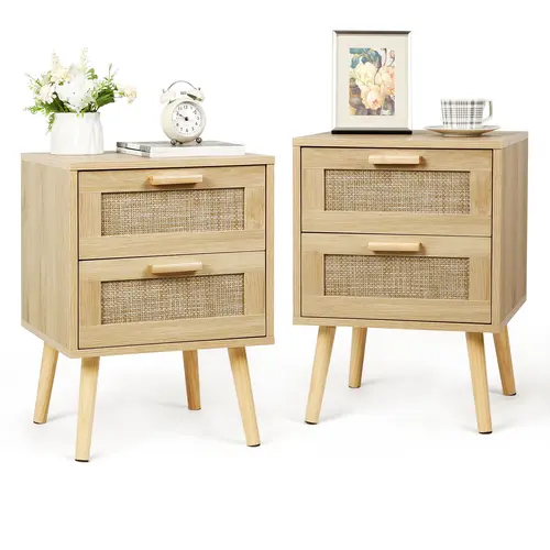 VOWNER  2PCS Rattan Nightstand, End Table with 2 Drawers and Solid Wood Legs, Side Table with Storage for Bedroom, Easy Assembly Night Stand for Kids Room