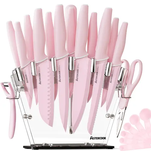 ASTERCOOK Kitchen Knives Set - High-Carbon Stainless Steel Cooking Kitchenware, Sharp Multi-Size Serrated Steak Knives, Scissor, Storage Block, Sharpening Tool, Limited Edition for Precision Cutting, Cutting Bread, Sharpness, Dishwasher Safe