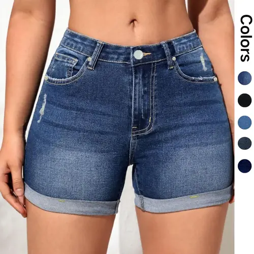 Women's Ripped Pocket Dark Wash Button Denim Shorts, Casual Stretchy Fit Denim Shorts for Daily Wear, Ladies Bottoms for Summer, Elastic Shorts, Womenswear