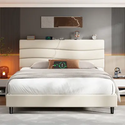 【Deals for you Days】Modern & Quiet Luxury bed frame queen, Upholstered with Adjustable Headboard【Frame ONLY,No Box Spring Needed】Sturdy Center Support & Noise-Free Wooden Slats, Storage bed & Built-in Charging Station, Easy Assembly#Back to school season