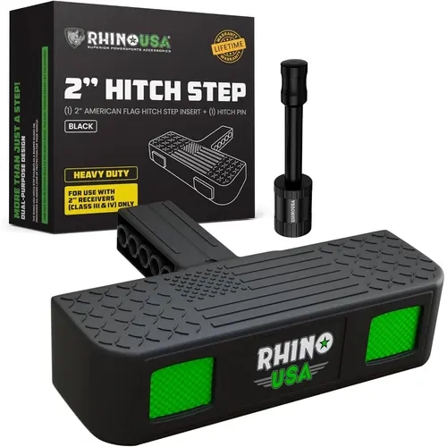 Rhino USA Tow Hitch Step for 2IN Recievers. Anti-Slip Grip, Reflective Material and Bumper Protection - with Locking Trailer Hitch Pin - Black