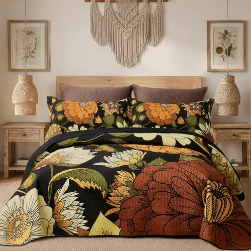 Tyrot 3-Piece Boho Floral Quilt Set - Decorative Microfiber Bedding with 2 Shams, Farmhouse Botanical Reversible Lightweight Bedspread Coverlet, Mid Century Leaves, Anti-Fading Black Aesthetic Room Decor Comforter for All Seasons, Queen Size Be