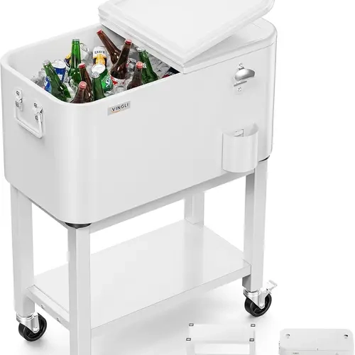VINGLI 60QT Ice Retention Cooler - Wheeled Patio Cooler with Handle, Double Lid, Shelf, Bottle Opener, Water Pipe, Water Draining, 2-Side Access, Transport Wheels for Camping, Picnic, Patio Parties