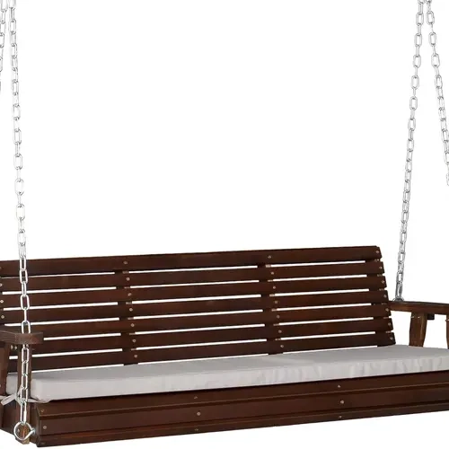 VINGLI Heavy Duty 880 LBS Patio Wooden Porch Swing Outdoor with Extra Cushion, Farmhouse Hanging Bench Tree Swing with Adjustable Chains for Yard | Garden | Lawn | Balcony (5 FT, Rustic)
