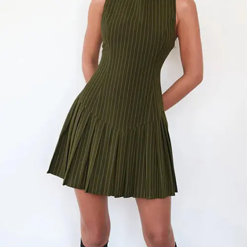 Women's Striped Print Pleated Dress, Casual Fashion Dress for Daily Outdoor Wear, Ladies Clothes for All Seasons