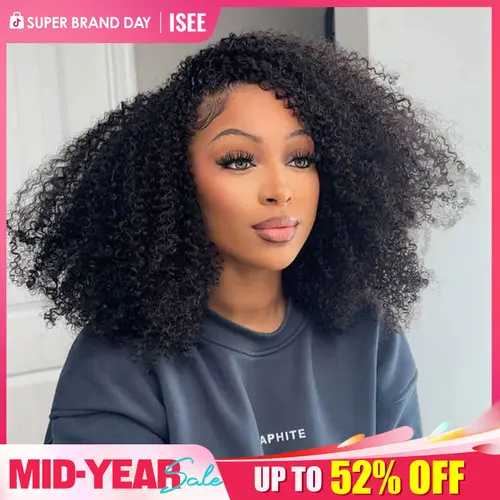 ISEE HAIR Afro Curly Wear Go Invisible Hairline Hair Half Wig Glueless Human Hair Wigs Seamless Flip Over Wig With Draw-strings No Lace Updo Down Style 10 Seconds Flip-over Wig Beginner-friendly #TikTokShopFallDealsForYou