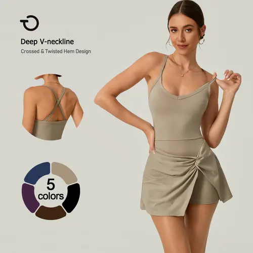 TIMEOFF Women's 2-Piece Solid Color V-Neck Cross-Back Tank Romper & Sports Skirt Set - High-Stretch Spandex, Cheerleader Style Lace-Up, Gym Yoga Workout Attire, Casual Women's Set