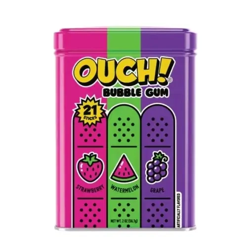 Ouch! Bubble Gum - Watermelon, Strawberry & Grape Flavor | 21 Sticks in a Tin Vintage candy 1 tin