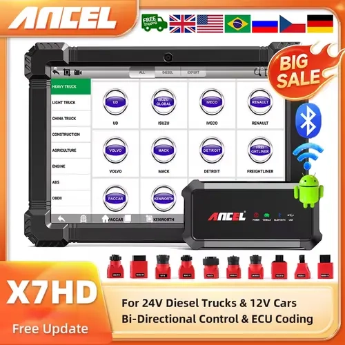 ANCEL X7HD 10-in Heavy Duty Truck Automotive OBD Scanner, Bidirectional Diagnostic Tool with Bluetooth, DPF, ECU Coding, 40+ Resets, DTCS + Live Data View for Cummins, Kenworth Car Accessories
