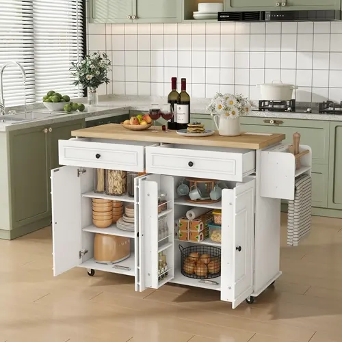 【Black Friday】ONBRILL 58" Mobile Kitchen Island, Kitchen Island Cart with Power Outlet, Island Table for Kitchen, Home Bar Carts with Storage, Kitchen Rolling Island with Spice Rack & Towel Rack & Knife Holder