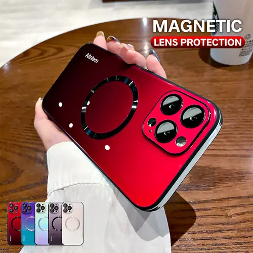 OREKROY Magnetic Gradient Case with Full Camera Lens Protector, Magsafe-Compatible, Scratch-Resistant Glass Hard Back Cover for iPhone 12-16 Pro Max, Smartphone Cellphone Handheld Devices Protection, Freeship