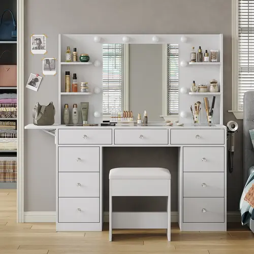 FUSOU 47"W Sturdy Makeup Vanity with 9 Drawers, 4 Shelves, 2 USB + 2 Plugs Power Outlet, 10 LED Lights Mirror, 3 Lighting Modes, Brightness Adjustment & Fold-up Space Storage Vanity Desk Set