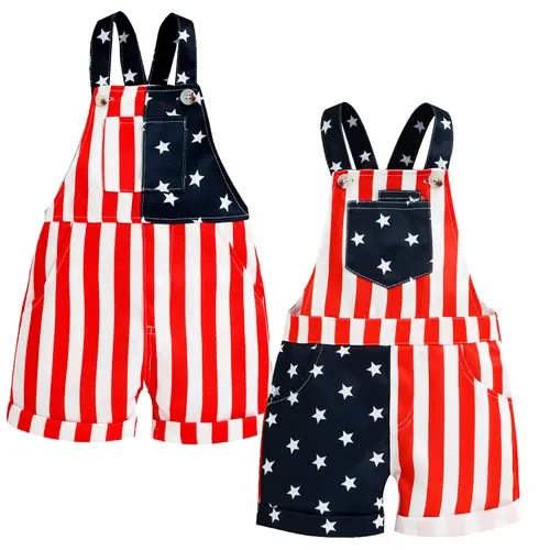 Babamoon Toddler 4th of July Baby Clothing - Cotton/Polyester Stars Stripes Stripes Print Bodysuit, Denim Suspender Overall Shorts Jumpsuit with Pocket Detail #Summervibes