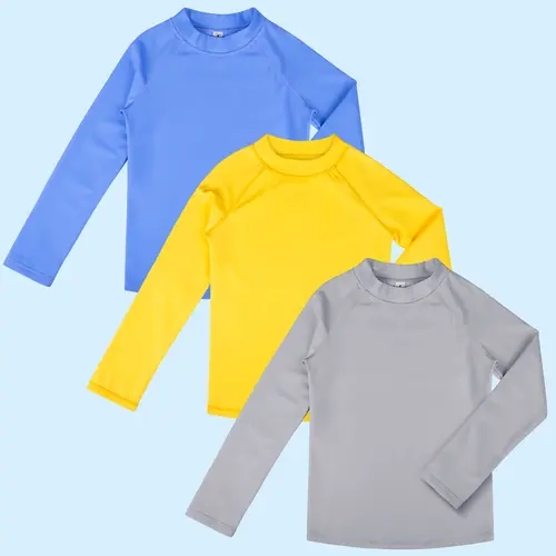 Kids' Unisex Fitted 3-Pack Long Sleeve Solid Stretchable Rash Guard Swim Tops, UPF 50+ UV Protection Nylon Spandex Beachwear, Vibrant Colors, Ideal for Pool & Every Water Activity, Stretchable Rash Guard Swimsuits