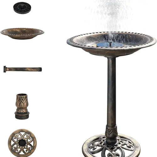 [Summervibes] VINGLI 28 Inch Bird Bath with Solar Fountain Antique Copper Weather Resistant Resin Pedestal Birdbaths Floral Accents and Vintage Finish Garden Decor for Outdoor Lightweight Courtyar