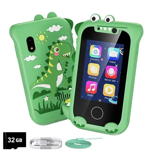T-JERZENS Dinosaur-Themed Smart Toy Phone for Kids, Plastic Unisex Educational Techvibes Toy with 2-Megapixel Dual Cameras, Logical Thinking Games, Music, Children Development Learning Tool to Improve Concentration, 3-8 Years Birthday Gift