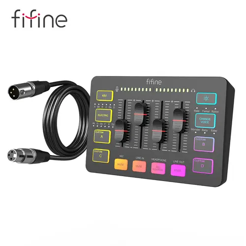 Fifine SC3 Live Audio Mixer with 5.9ft XLR Cable Bundle - USB Podcast Equipment Kit, RGB Lights Soundboard, 15mW@32ohm, 20-20kHz, 3.5mm Jack, Volume Faders, Mute Button for Content Creators, PC Gaming Accessory