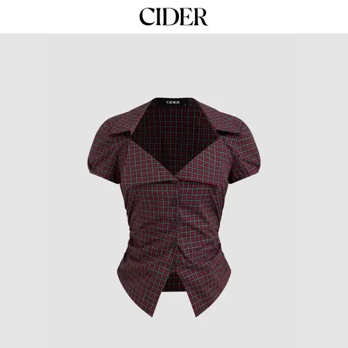Cider Cotton-blend Tartan Split Gingham Ruched Shirt