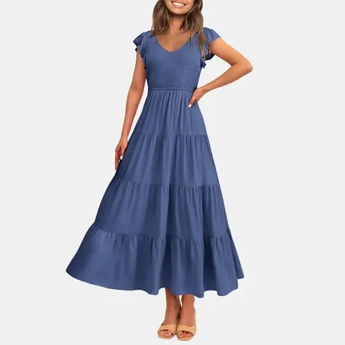 PrettyGarden Women's Summer Flowy Maxi Dress Cap Sleeve V Neck Smocked Beach Sundress Casual Comfort - Womenswear
