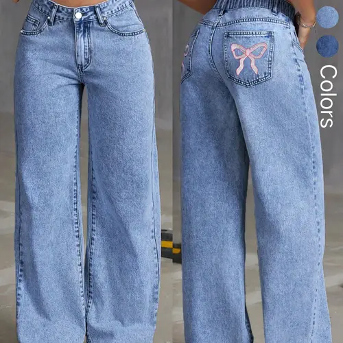 Women's Loose Fit, Relaxed Fit Jeans, High Waisted Baggy Denim Jeans with Eye-catching Bow Embroidery on Back Pockets, Comfortable and Casual, Great for Daily Wear