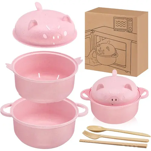 ONESHOW HOME Eco-Friendly Wheat Straw 43oz Bowl Set - Cute Ergonomic Piglet Design Tableware, Microwave Safe, Includes Chopsticks & Spoon, Less Scrubbing, Child Essential (Summer Mid-Year Restock Sale, Ramen/Cereal/Dessert Bowl Compatible)