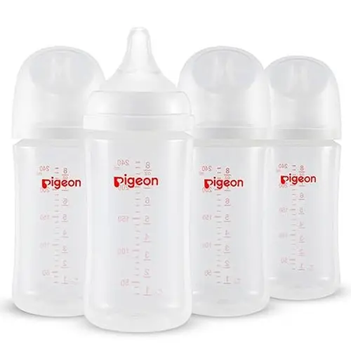 Pigeon PP Nursing Bottle Wide Neck, Anti-Colic, Streamlined Body, Natural Feel, Easy to Clean, 8.1 Oz(Pack of 4), Includes 4pcs M Nipples (3m+)  baby registry essential