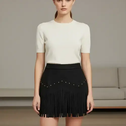 Women's Fringe Trim Short Skirt, Elegant Chic Solid Color Zipper Skirt for Daily Wear, Ladies Bottoms for All Seasons