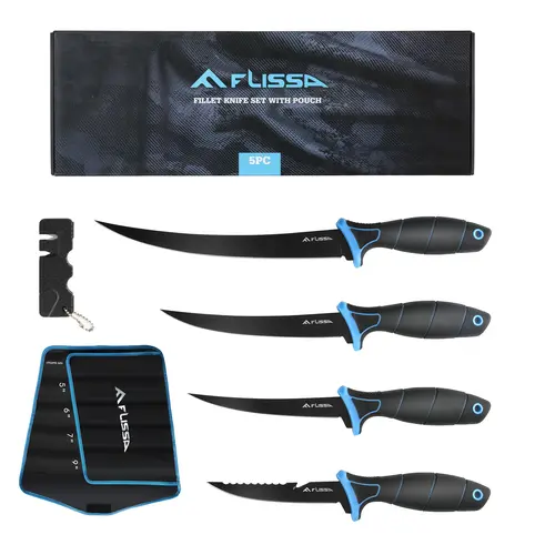 #toolupgrade FLISSA Fillet Knife Set, Boning Knife & Bait Knives with Sharpener, Protective Sheath, Belt Clip, Non-Slip Handle, Portable Pouch & Corrosion Resistant Coating Blade, for Fresh or Saltwater (4-Pack)