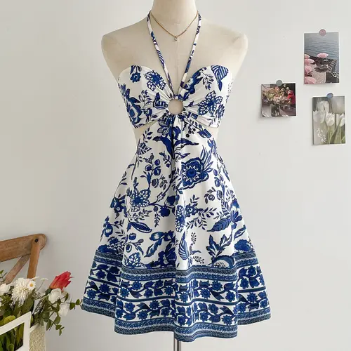 DealsForYouDays Summer Floral Halter Flowy A Line Dress Cut Out Smocked High Waisted Short Vacation Dress Sundresses