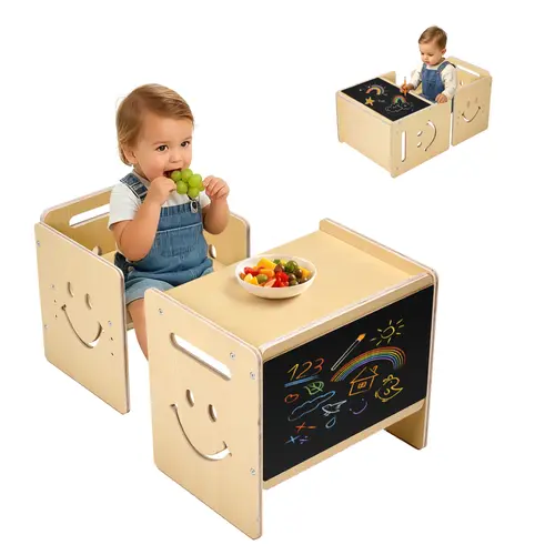 VEVOR Montessori Table and Chair Set, 3-in-1 Poplar Plywood Wooden Toddler Set with Adjustable Height, Functional Chalkboard Top, Kid Friendly Dining Furniture for 1-5 Yrs (3-4 Yrs Fit) - Kids' Room Play-to-Learn Space