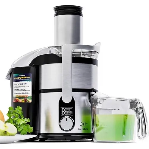 Eurolux Premium Juicer Machine 800W Pro Centrifugal Juicer with Wide Mouth 3" Feed Chute for Whole Fruits & Vegetables Easy to Clean Stainless Steel BPA-Free Powerful Juice Extractor Smoothie Blender