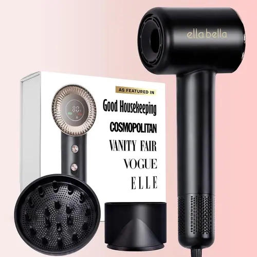 ELLA BELLA Compact Plasma Hair Dryer, Advanced Plasma Technology Blow Dryer with Digital Display, Rapid Drying, Low Noise, & Luxury Velvet Travel Bag - Includes Diffuser & Nozzle- for All Hair Types