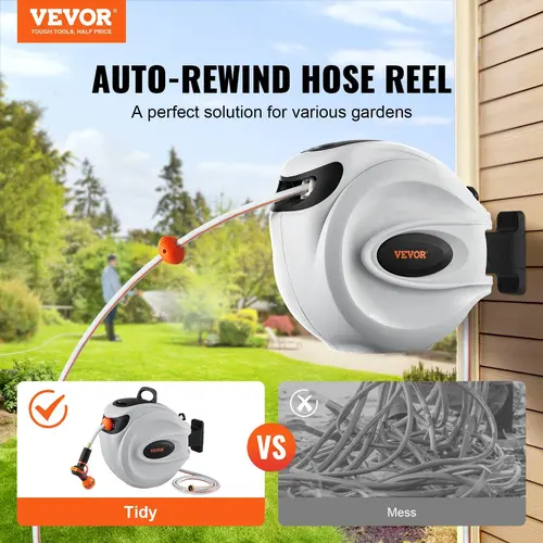 【DealsForYouDays】VEVOR Retractable Hose Reel, Max 130 FT Garden Water Hose Reel with 9-Pattern Nozzle, 180° Swivel Bracket Wall-Mounted, Automatic Rewind, Lock at Any Length, with Slow Return System