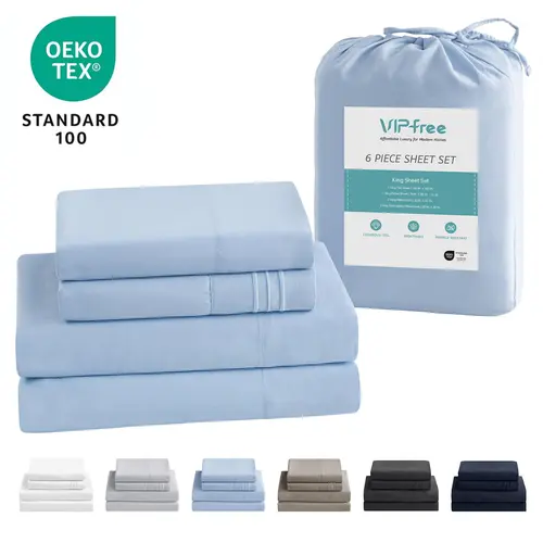 VIPfree 6-Piece Comfy Bed Sets - Solid FallFreshness Cooling Breathable Polyester, Hotel Quality Bedding Crochet Weave Silky Fitted Sheet Set, Extra Soft, Deep Pockets, Easy Fit, OEKO-TEX Certified, Machine Washable, Bedroom Use