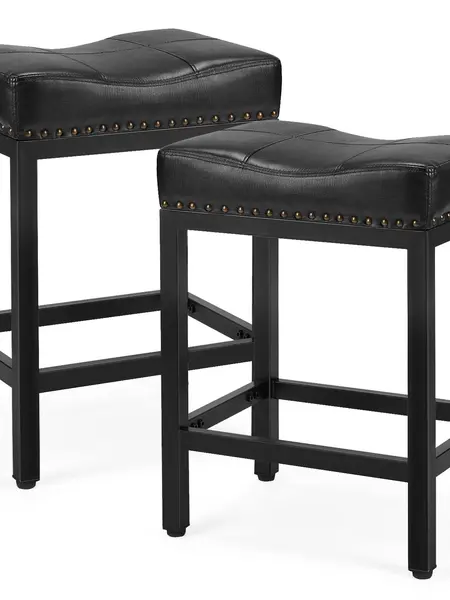 Saddle Bar Stools Set of 2 Counter Height 24-Inch Modern PU Leather Barstools with Metal Base, Footrest, Upholstered Bar Chairs for Kitchen Island