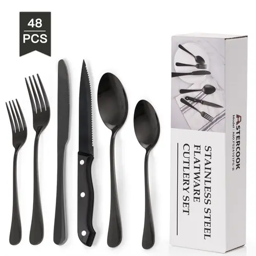 Astercook 24pcs/set Multi-Size Stainless Steel Cutlery Set with Steak Knives, Spoon-Fork-Knife Utensils, Dishwasher-Safe Dinnerware for Above 11 People, Everyday Kitchen Dishware for Modern Home & Restaurant Use