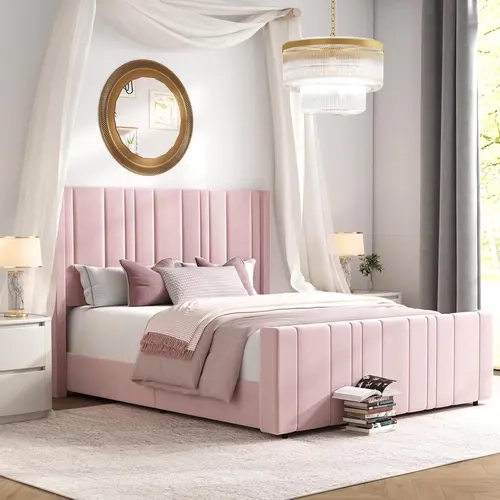 HOMBCK Queen Size Upholstered Bed Frame - Low Profile Soft Bed, Vertical Channel Tufted 47.3" Wingback Headboard, 21.7" Footboard, Noise-Free, Easy Assembly, 800lbs Capacity, Mattress Not Included #SohoChic#Homemakeover