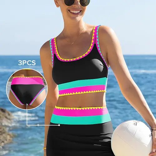 POPVIL【Run Half a Size Small】Beachball Kayaking 3 Piece Bikini Sets,Tummy Control & High Waisted Swimsuit with Adjustable Wide Shoulder Straps, Neon Color Sporty Swimsuit