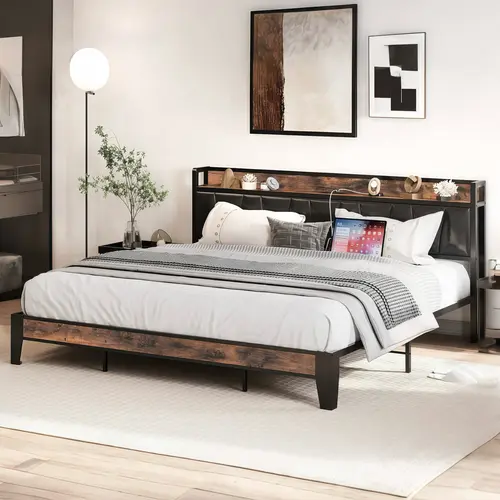 LIKIMIO Upholstered Headboard Queen Size Bed Frame - Thick Storage Headboard with Charging Port, USB Port, 5.9 ft Power Supply Cord, Sturdy Metal Minimalist Platform, Noise-Free, No Box Spring Needed, Easy Assembly Modern Space-Saving Bed Frame for Queen