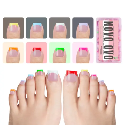 NOVO OVO 15 Sizes Pack Press on Nails - French Tips, Fake Acrylic Extensions for Fingers/Toes, Sharp Square/Duck Soft Gel, Pre-Designed Full Cover, Pre-Applied Primer & Base Coat, DIY Art (No Glue, Top Coat, UV Light Needed)