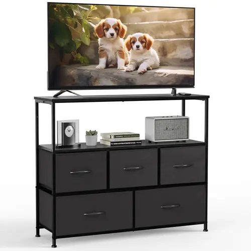 Sweetcrispy Modern 45-Inch Sturdy TV Console Cabinet - TV Stand with 5 Fabric Drawers, Open Storage Shelf, High-Capacity Storage, Indoor Apartment Furniture for Living Room Decor