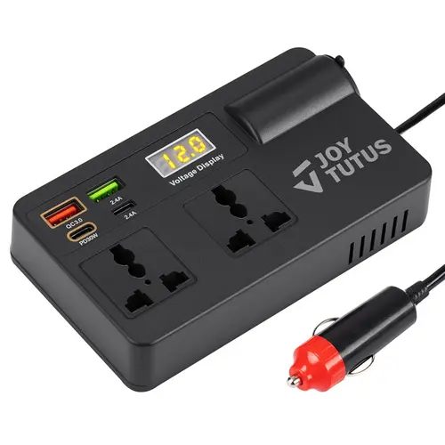 Joytutus Smart 12V-24V to 220V Universal Car Inverter Adapter with Smart Chip, QC3.0 USB Ports, Wireless Carplay, 0.48lbs Compact & Lightweight Design, Fast Charging Solution for Phones, Tablets, Laptops (Father's Day Gift Option)