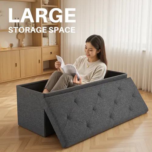 Sweetcrispy Backless Armless Upholstered Storage Ottoman Footstool - 43in W x 15in D x 15in H Short Apartment Furniture, Foam-Padded Seat, Thick MDF Frame, 660 lbs Capacity, Foldable Dual-Purpose, Quick Setup, Minimalist, 35 gal/154L Clutter-Tidying