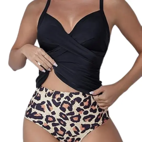 B2PRITY Women's 2-Piece Elastic Waist Tankini Swimsuit Set - Nylon V-Neck Push-Up Casual Tankini Top with Adjustable Straps, Built-In Bra, Breathable High-Waisted Ruching Belly-Hiding Fitted Bikini Bottoms, Built-In Waistband All-Sizes Swimwear